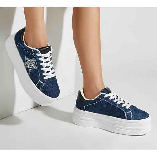 BELOS Fashion Platform Women Sneakers Faux Suede Stars Holographic Rainbow Walking Shoes