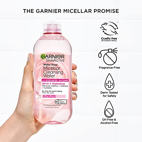 Garnier Micellar Water with Rose Water and Glycerin, Hydrating Facial Cleanser & Makeup Remover, For All Skin Types, Vegan, Cruelty Free, 13.5 Fl Oz (400mL), 2 Count