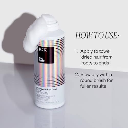 IGK BIG TIME Volume & Thickening Mousse | Moveable + Fullness + Frizz Control | Vegan-+ Cruelty Free-| 6.2 Oz,(Pack of 2)