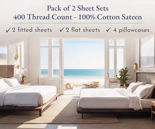 California Design Den 2-Pack Queen Bedsheet Sets - 400 Thread Count 100% Cotton Sateen - Extra Soft, Breathable & Cooling Sheets, Wrinkle Resistant, 2 Sets of Deep Pocket Bed Sheets - Bright White