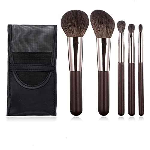 Travel Makeup Brushes Set w/Pouch, Portable 5PCS Professional Mini Cosmetic Brushes Kit for Powder Blush Concealers Contouring Highlighting