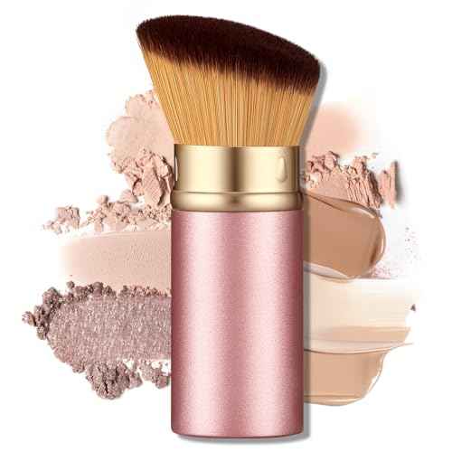 Retractable Kabuki Makeup Brush - Portable Travel Face Brush with Cover, Soft Synthetic Bristles for Blush, Bronzer, Powder, Foundation & Sunscreen, Flawless Application On-the-Go (Rose gold)