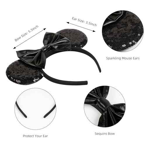 WOVOWOVO Mouse Ears Headbands for Women Black Bow Mouse ear Headband Sequin Hairbands Halloween Christmas Birthdays Party Hair Accessories