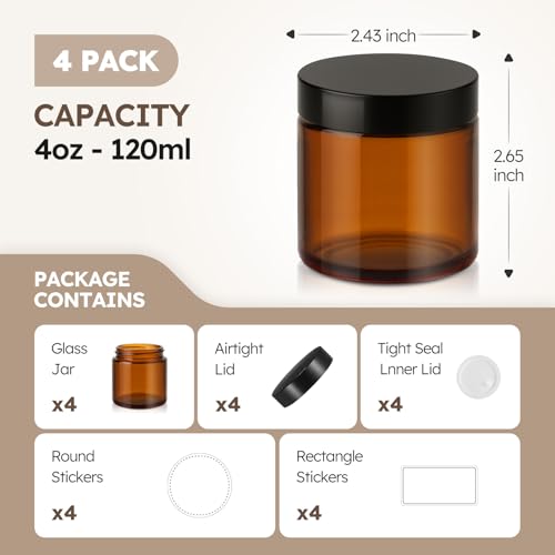 4 oz Amber Glass Jars with Lids, 4 Pack Airtight Cosmetic Containers
