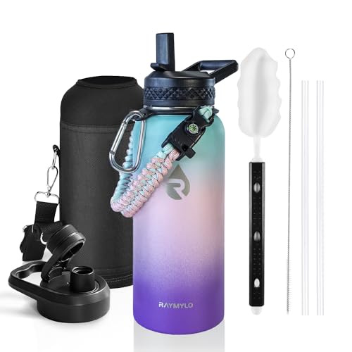 RAYMYLO Insulated Water Bottle 32 oz, Triple Wall Vacuum Stainless Steel (Cold for 48 Hrs), Leak Proof & Non-BPA, Modern Water Flask Jug with Paracord Handle & Straw Spout Lids, Cyan Blue