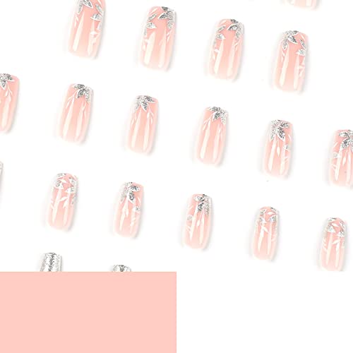 Short Almond Press on Nails Square Fake Nails Flowers Design Glossy Glue on Nails Full Cover False Nails Short White French Nail Tips Artificial Acrylic Nails Summer for Women DIY Nail Art Decorations