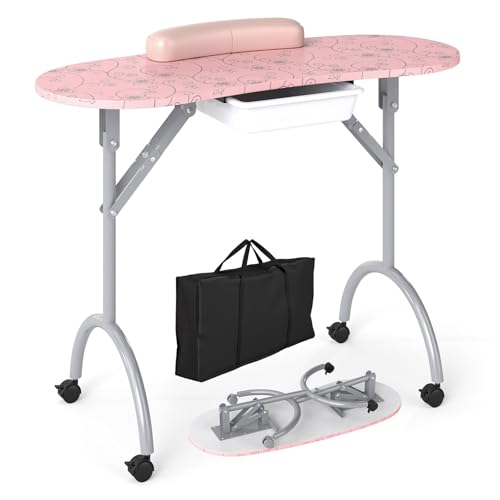 Foldable Portable Nail Table with Lockable Wheels & Carrying Bag