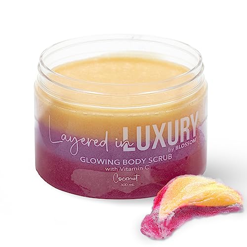 Blossom Layered in Luxury Glowing Scented Lather Foaming Body Sugar Scrub Exfoliating Polish with Skin Brightening Vitamin C, Cruelty Free, 300ml, Peach