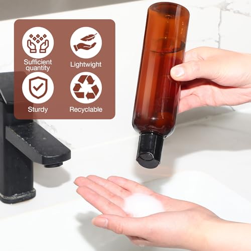 Mimorou 50 Pcs 8.5 oz Plastic Squeeze Bottle with Disc Top Flip Cap Empty Amber Refillable Container Small Travel Toiletry Bottle with Black Cap for Lotion Shampoo Oil Body Soap Creams