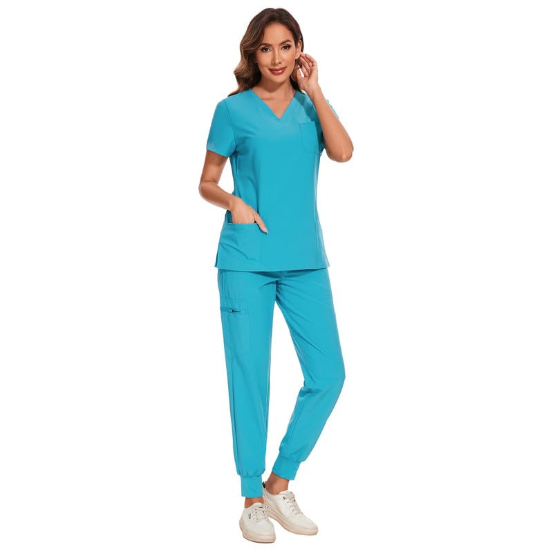 COZYFIT Scrubs for Women Set - Stretch V-Neck Scrub Top & Jogger Pant with 8 Pockets, Yoga Waistband, Anti Wrinkle, Slim Fit Women Scrubs - Teal, XS