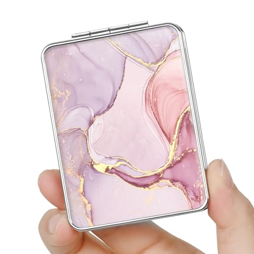 Pink Marble Small Travel Pocket Mirror with 2x Magnification - Double-Sided Cosmetic Mirror