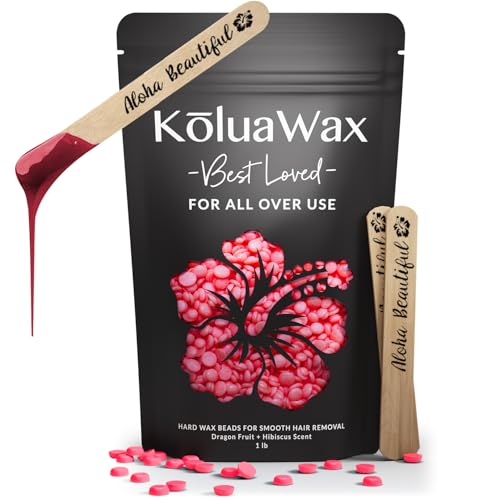 KoluaWax Hard Wax Beads for Hair Removal ? Coarse Hair Formula ? Face, Brazilian, Underarm, Back Chest, Bikini Waxing ? Dragon Fruit & Hibiscus, 1lb Refill for Wax Warmers & 10 Applicator Sticks