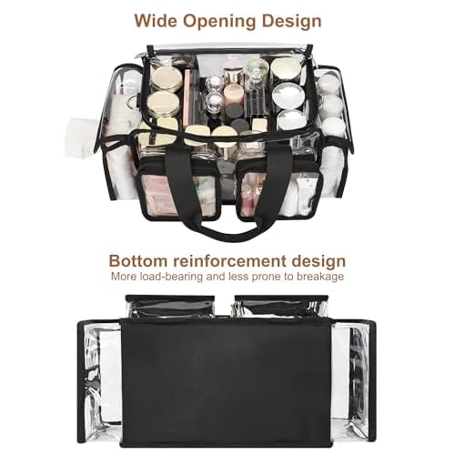 Relavel Clear Makeup Bag Professional Makeup Artist Kit Set Travel Cosmetic Organizer Case Transparent Stadium Approved Tote Bag Toiletry Lunch Duffle Work Shoulder Bag with Adjustable Dividers, Black