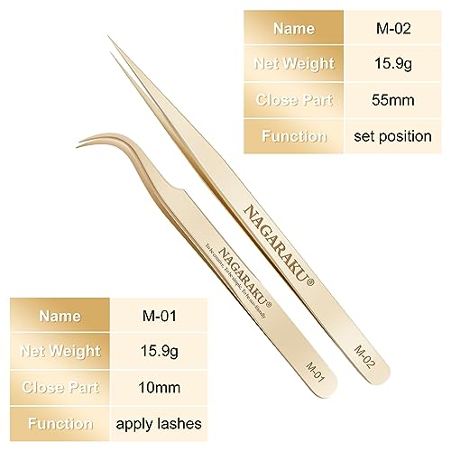 NAGARAKU Tweezers for Eyelash Extensions Straight and Curved Precision Professional Volume Easy Fanning lash Precise Point 1 Pair (M-01 and M-02)