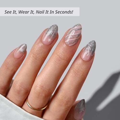 BTArtbox Sparkle Bow C1 Press On Nails Short Almond French Tip Kit 32 Pcs