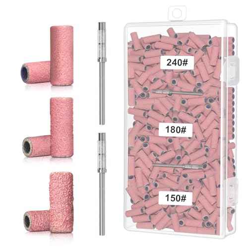 300Pcs Small Sanding Bands for Nail Drill Bits Set, Mini Sanding Bands with 2 Mandrel Bits Coarse Fine Grit #150#180#240 Grits, Professional for Acrylic Nails Manicures and Pedicure-Pink