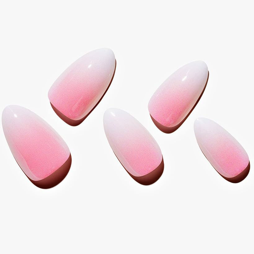 GLAMERMAID Press on Nails Short Almond, Summer Pink Ombre French Tip Glue on Gel Nails, Short Stiletto Acrylic False Nails Kits Reusable UV Finish Full Cover Stick on Nails for Women Gift