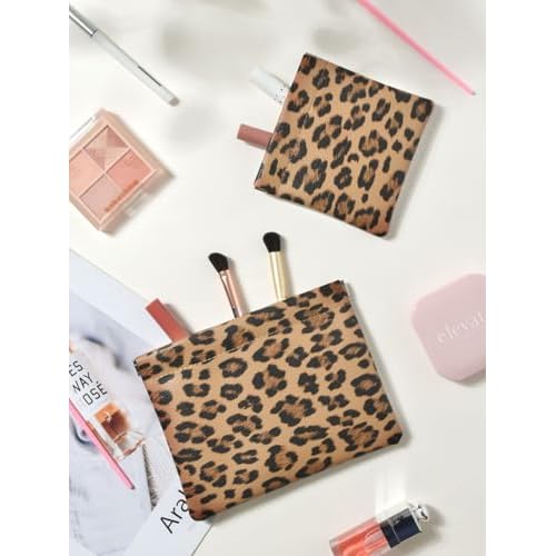 2 Leopard Leather Small Makeup Pouches Set for Women,Cosmetic Accessories,Waterproof and Portable Cosmetic Bags,Self-closing,No Zipper, Aesthetic Storage Pouch,Lipstick for Purse, Brown