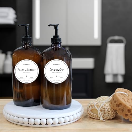 Cornucopia Brands 32-Ounce Amber Glass Lotion Pump Bottles (2-Pack); Quart Size Brown Bottles w/Black Plastic Locking Pump Dispensers; Includes Chalk Labels