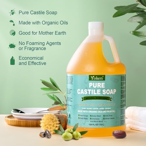 Yoken Pure Castile Liquid Soap Organic (EWG Verified, Unscented, 8 OZ), Made with Organic Oils, No Added Fragrance, Vegan, Castile Soap Liquid for Face, Laundry, Dishes, Sensitive Skin, Travel Soap