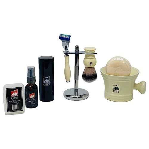 G.B.S Men's Shaving Set Five Blade Razor, Synthetic Brush and Razor Dual Stand, Ivory Shaving Mug with G.B.S Shave Soap Alum Block Travel Brush Tube and Pre Shave Oil