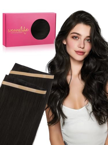 WENNALIFE Tape-In Weft Hair Extensions - 24" Remy Human Hair, Natural Black, 2 Pcs