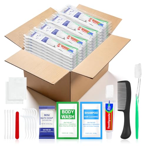 50 Sets Personal Hygiene Kit Bulk,10-IN-1 Green Individually Wrapped Disposable Travel Toothbrushes and Hotel Vanity Set Basic Toiletry Supplies for Homeless,Guests,Charity