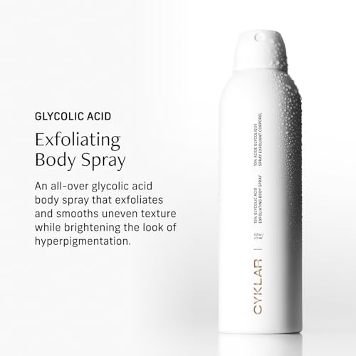 Cyklar Glycolic Acid Exfoliating Body Spray ? 10% AHA Toner for Face & Body. Skin-Smoothing Spray with Peptides & Enzymes ? Fragrance-Free, 6 fl oz