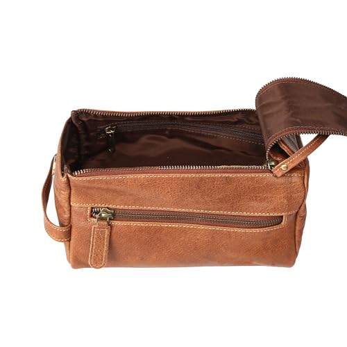 KomalC Premium Buffalo Leather Toiletry Bag for Men & Women With Water resistant Lining, Grooming Travel Pouch, Unisex Wash Bag for Toiletries, Gifts for Men and Women