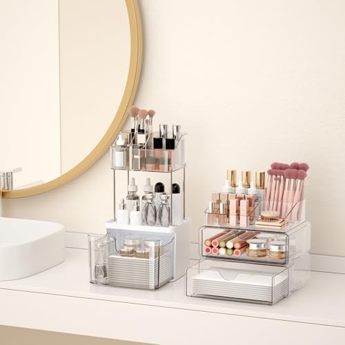 Bathroom Counter Organizer Clear - 3Pcs Stackable Makeup Countertop Organizer for Vanity - Multi-Purpose Skin Care Lipstick Cosmetic Organizer