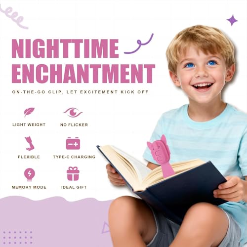 Pink Rechargeable Kids Book Light with Clip & Dimmable LED for Bedtime Reading - Portable & Eye-Caring