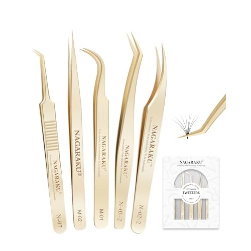 NAGARAKU 5 PCS Tweezers for Eyelash Extensions Straight and Curved Precision Professional Tweezer for Lash Extensions Volume Easy Fanning lash Precise Point with Storage Case Bag