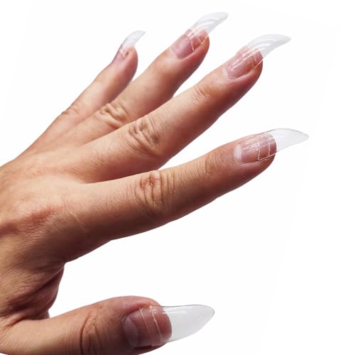 NOVO OVO Nail Tips Curved Stiletto, Clear Gel x Extension kit Half Covel to Make Press on 3D Eagle Claw nails, Thick Extra Hawk Deep Curve Almond French Tips Soft False Fake Acrylic Nail 504pc 12 Size