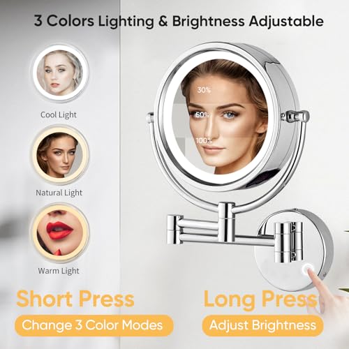 GURUN Wall Mounted Makeup Mirror with 10x Magnification & LED Lights