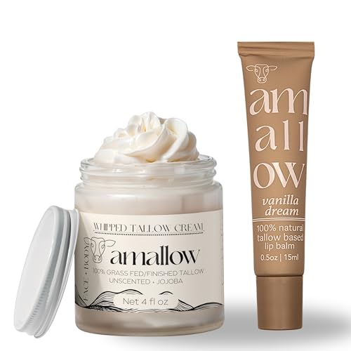 Amallow 100% Grass Fed Beef Tallow Skincare & Lip Balm Set - Whipped Moisturizer for Face & Body (Unscented + Jojoba Oil) + All Natural Tallow Lip Balm (Vanilla Dream)