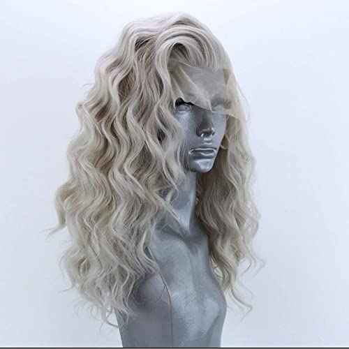 RONGDUOYI Shoulder Length Light Grey Body Wave Lace Front Wigs for Women Girls Heat Resistant Synthetic Wig with Free Part Ash Silver Natural Looking Daily Wear Wig (16Inch, 4503)