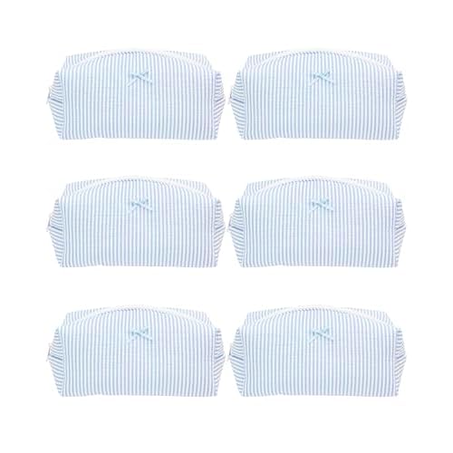 PAZIMIIK 6PCS Cozy Makeup Bag SET Travel Cosmetic Bag for Women Soft Toiletry Bag Aesthetic Makeup Organizer Portable Large Zipper Pouch for Skincare Beauty Accessories Brushes Stripe Blue