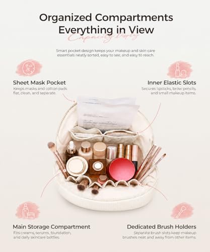EPEDAL24 Off-white Travel Makeup Bag with Magnetic Fold-Down Shell Shape