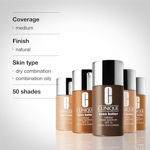 Clinique Even Better Makeup Liquid Foundation SPF 15 With Vitamin C For Dry + Oily Combination Skin Types | Medium Coverage + Natural Finish | Evens Skin Tone + Reduces Dark Spots, Cream Caramel