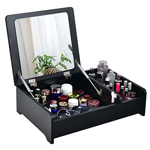 CHARMAID Countertop Vanity with Flip Top Mirror, 24inch Tabletop Laptop Desk with 2 Compartments Organizer, Modern Bedroom Makeup Dressing Vanity Mirror Cosmetic Storage Box Desktop (Black)
