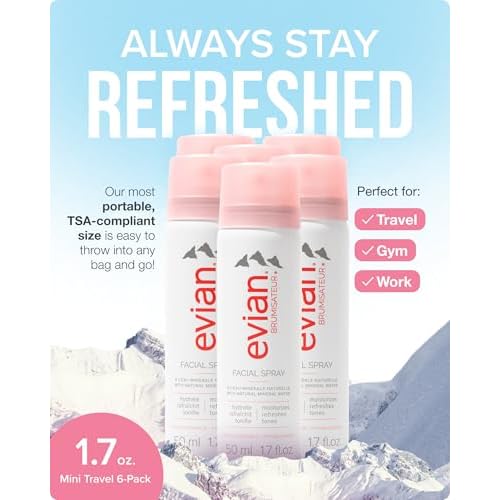 Evian Facial Spray 1.7 oz - Hydrating Mineral Water Mist for Face & Skin - Refreshes Makeup and Tones Skin - TSA-Approved Mini Facial Spray Set for Daily Skincare Hydration