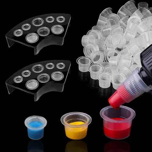 300pcs Tattoo Ink Caps with 2pcs Tattoo Ink Cups Holder - SML Mixed Size Tattoo Caps Tattoo Cups with Wide Cup Edge Tattoo Ink Mixer Set Tattoo Supplies