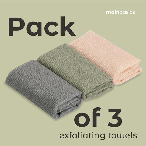 MainBasics Japanese Exfoliating Shower Towel - 3 Pack Nylon Body Scrubber