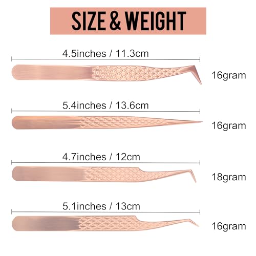 Fiber Tip Lash Tweezers For Eyelash Extension 4 Pcs Tweezers Professional Artist Tech Work Kit Tools,Best Volume Eyelash Lashes Extensions Precision Supplies Volume Boot 90 45 Degree(Rose Gold)