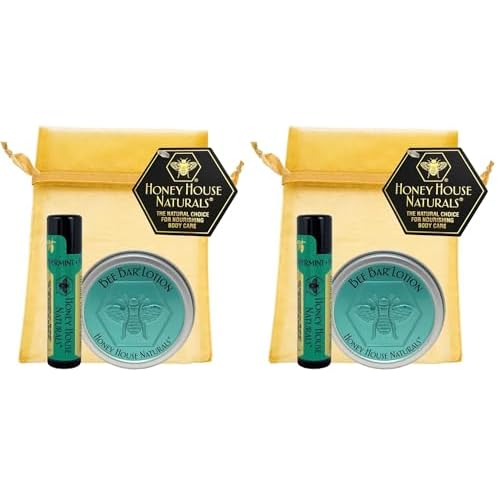 Honey House Naturals 2 Piece Gift Set, All Natural, Ultra Moisturizing Lotion Bar and Lip Butter Infused with Essential Oils, Made in USA (Lip Balm & Bee Bar, Peppermint) (Pack of 2)