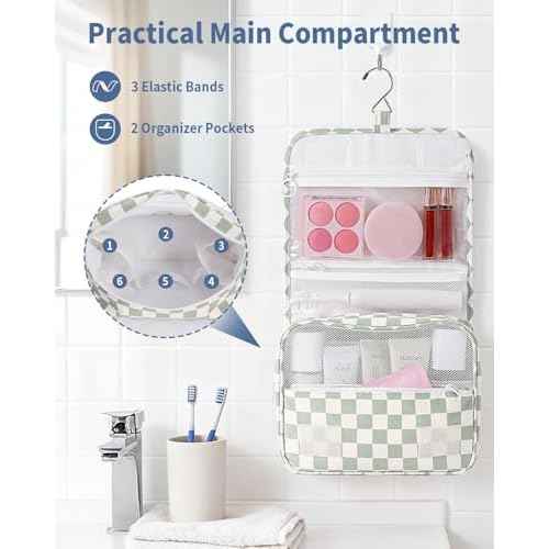 Narwey Small Hanging Travel Toiletry Bag for Traveling Women, Checkered Travel Bag for Toiletries, Makeup Bag Organizer Make Up Cosmetic Bags (Mint Green Checkerboard)