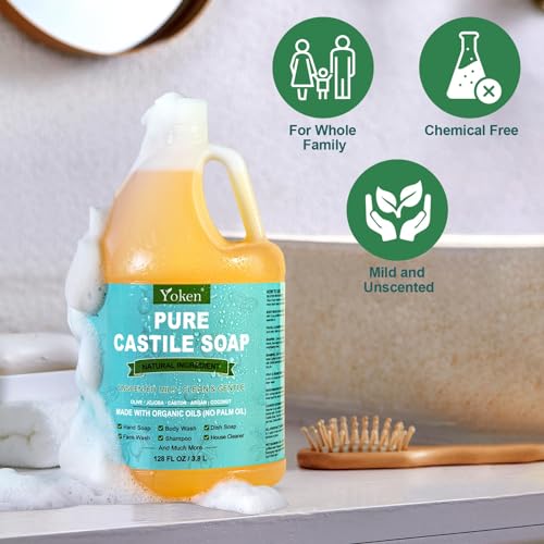 Yoken Pure Castile Liquid Soap Organic (EWG Verified, Unscented, 8 OZ), Made with Organic Oils, No Added Fragrance, Vegan, Castile Soap Liquid for Face, Laundry, Dishes, Sensitive Skin, Travel Soap