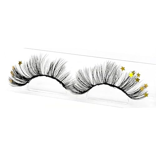 Gold Star False Eyelashes, 18mm Strip Lashes with Holographic Accents, Dramatic Fluffy Design (Gold Stars)