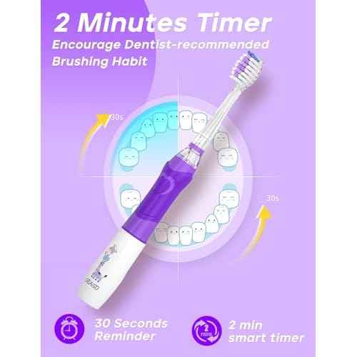 SEAGO Kids Electric Toothbrush with 2 Mins Brushing Timer and 4 Replacement Bursh Heads,Rainbow LED Light Make Brushing Fun, Purple Color Girls Battery Powerd Toothbrush for 4-12 Years Old£¬SG-977