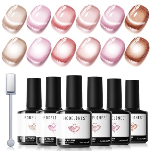 Modelones Cat Eye Gel Nail Polish Set, 6 Colors Nude Pink Brown (A-0 Nude Pink Honey) - Glitter Gel Polish